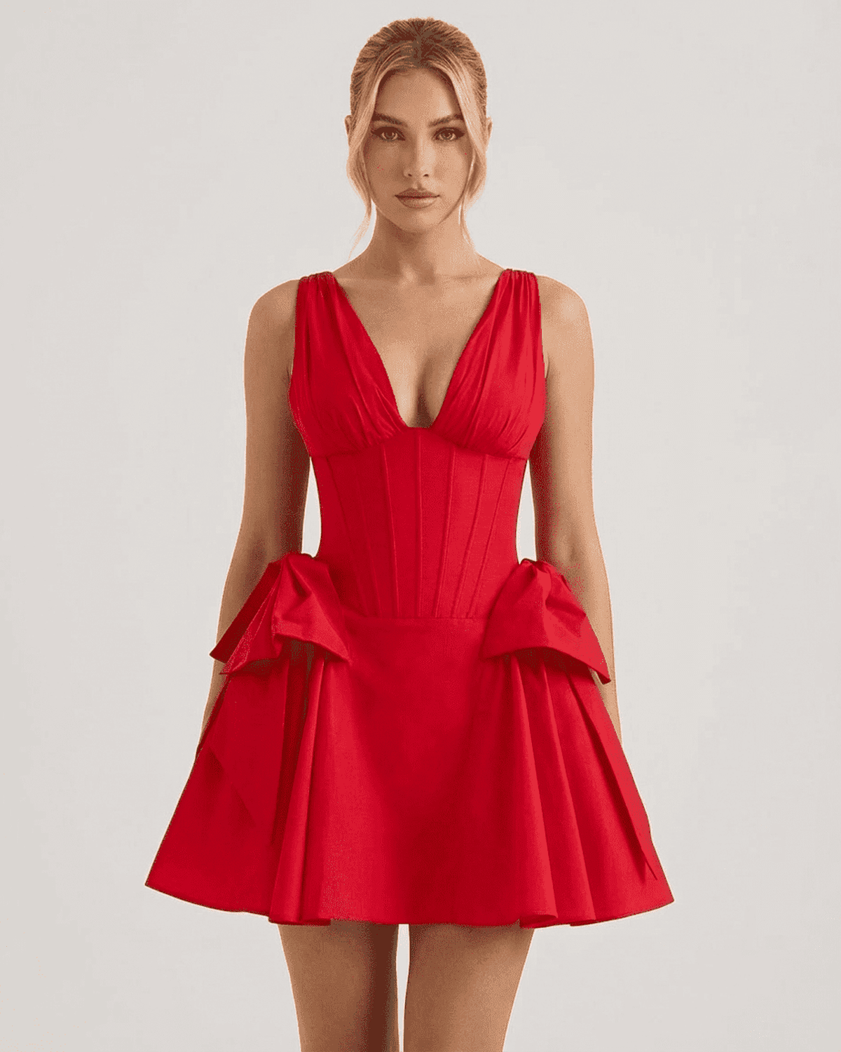 Aurora Mini Dress by SLIMONA - V-Neck Corset Pouf Mini Dress in Red, perfect for parties.