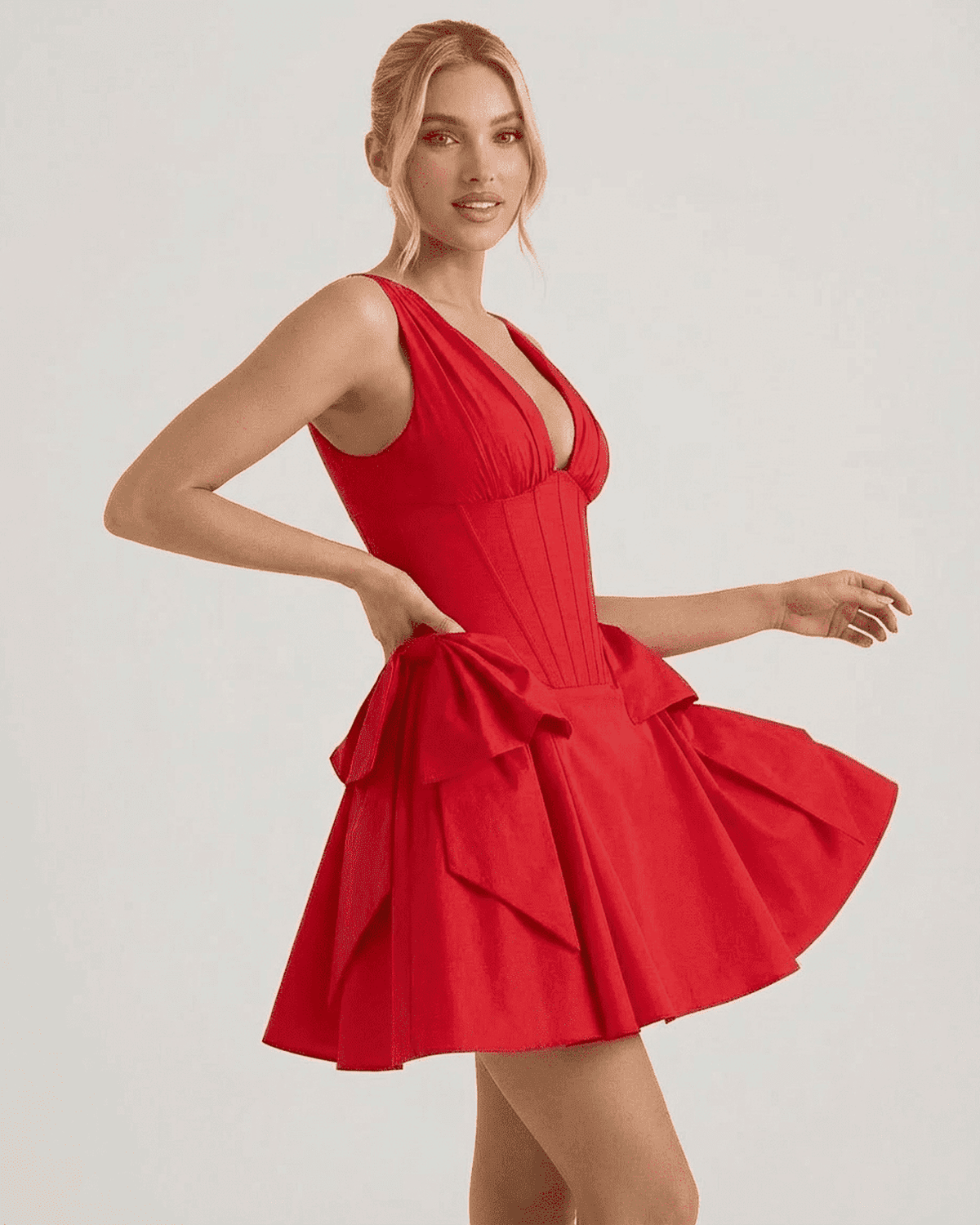 Aurora Mini Dress by SLIMONA - V-neck red corset pouf party mini dress with playful volume.