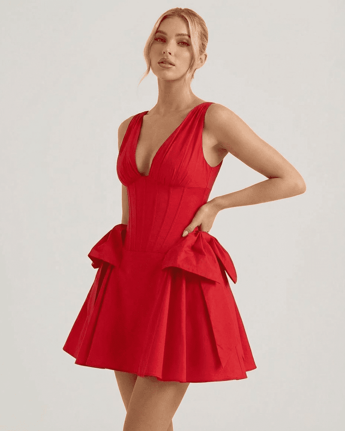 Aurora Mini Dress by SLIMONA - V-Neck Corset Pouf Mini Dress in Red, elegantly structured for stylish parties.