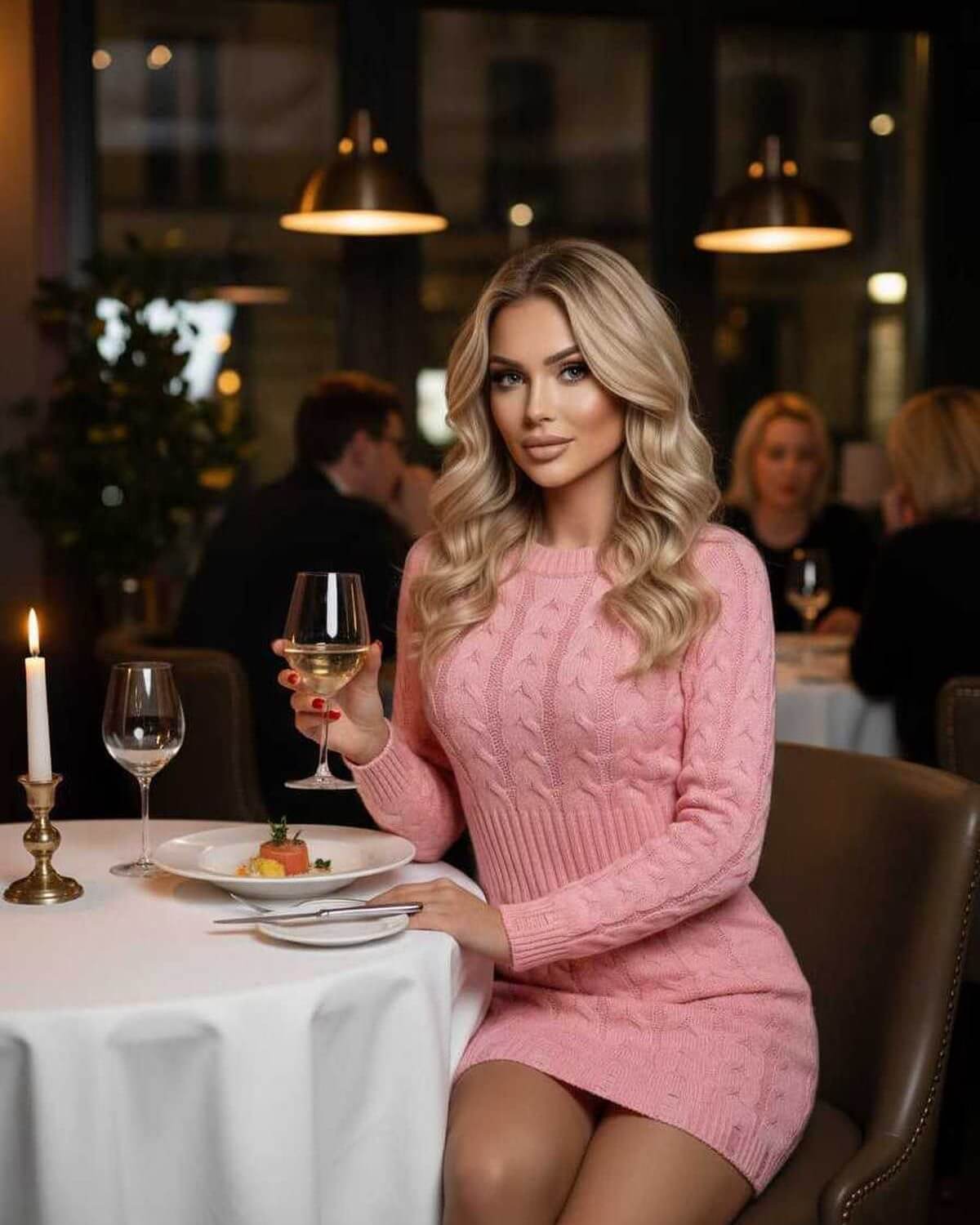 Azalea Mini Dress by Lauven - Twist Waist Sweater Dress in Soft Pink, perfect for classy dining occasions.