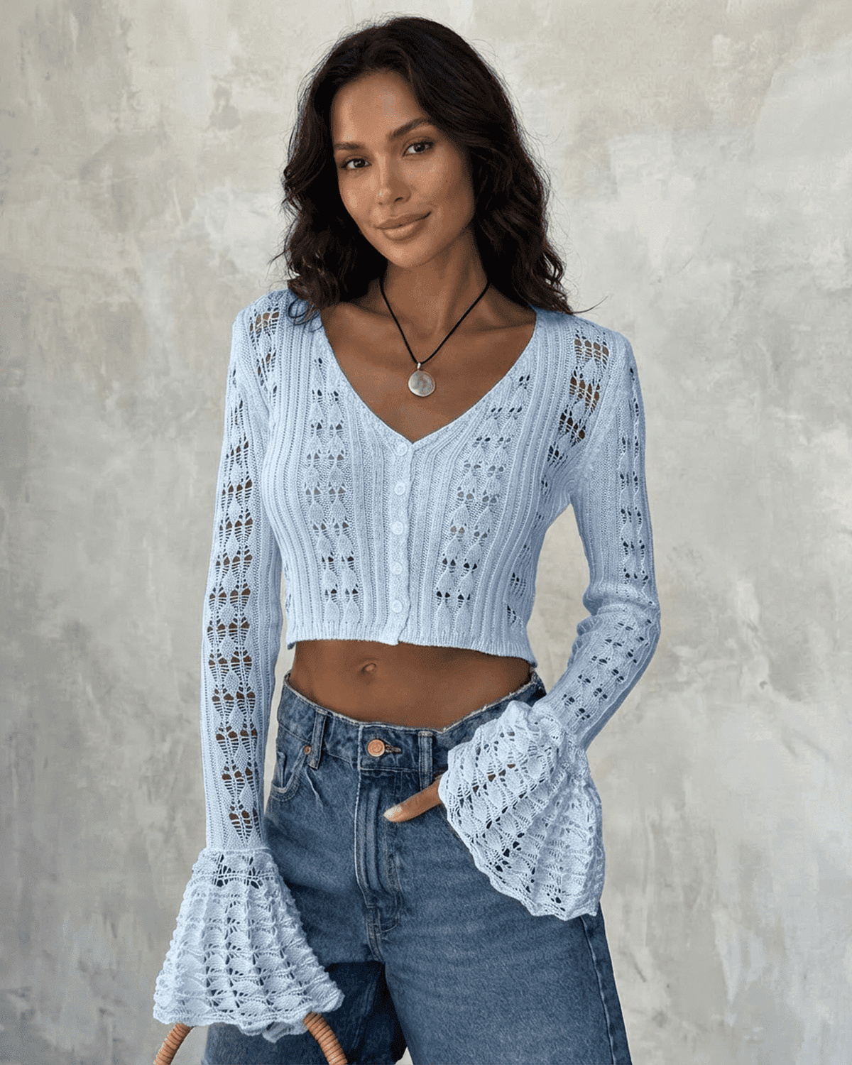 Azure Cardigan by SLIMONA - Cropped cotton knit cardigan with flare sleeves in soft blue.