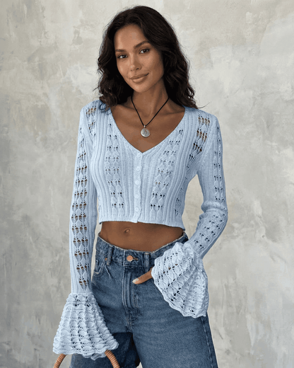 Azure Cardigan by SLIMONA - Cropped cotton knit cardigan with flare sleeves in soft blue.