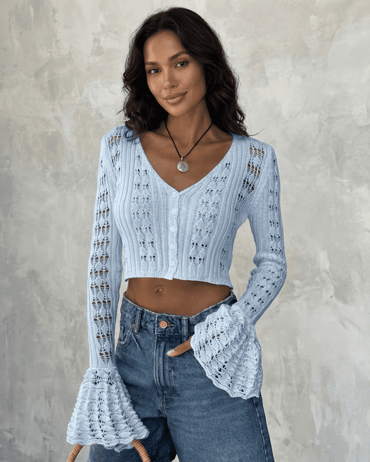 Azure Cardigan by SLIMONA - Cropped cotton knit cardigan with flare sleeves in soft blue.