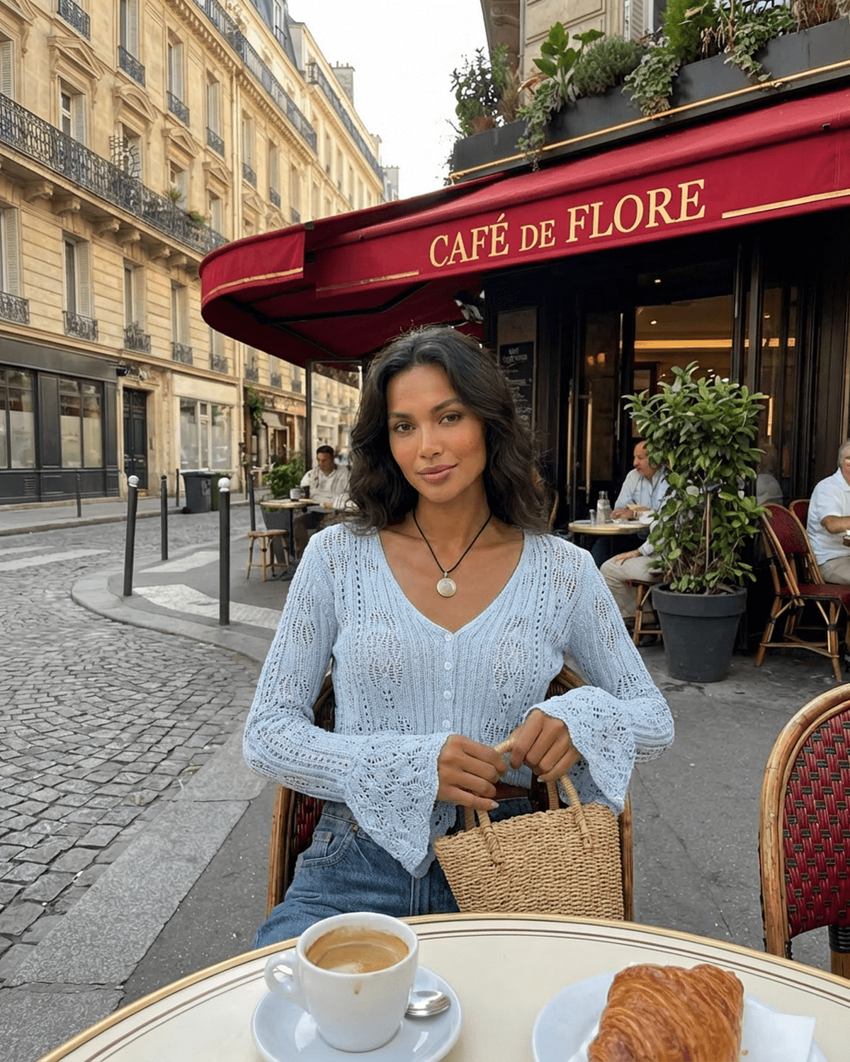Woman wearing Azure Cardigan by SLIMONA, sitting at Café de Flore, enjoying coffee in Paris.