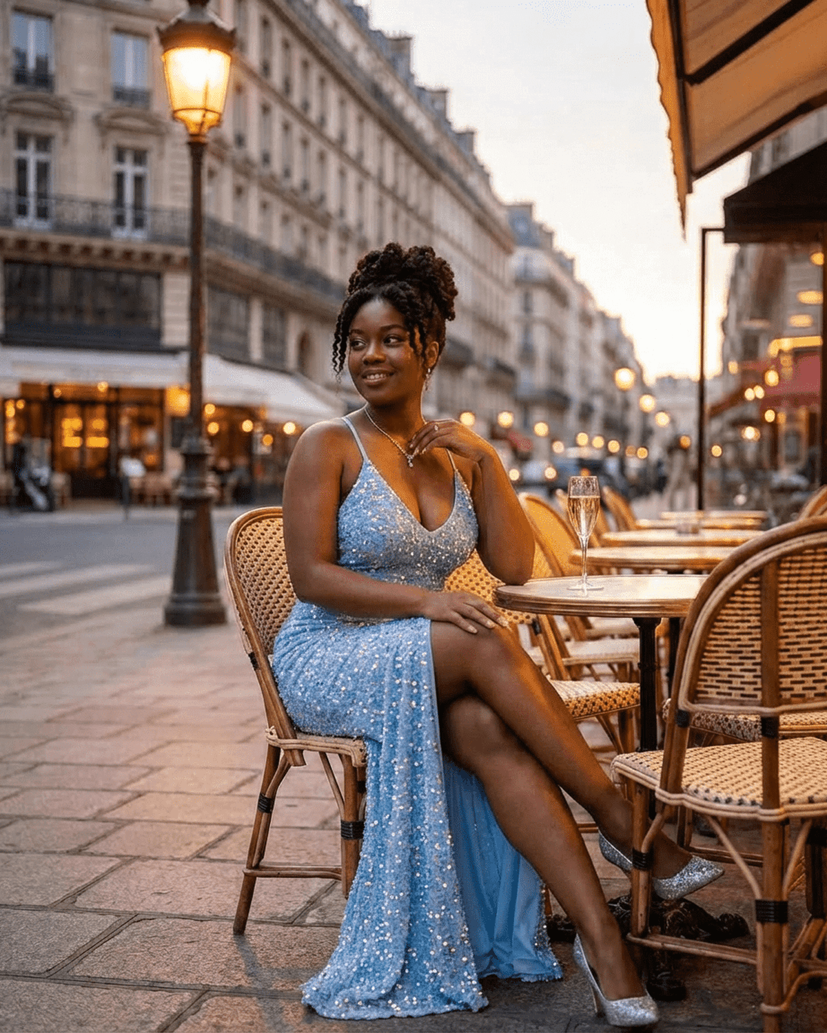 Azure Maxi Dress by SLIMONA worn by a model outdoors, showcasing sequin details and a thigh-high slit.