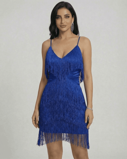 Azure Mini Dress by SLIMONA featuring layered fringe detailing and a V-neck silhouette in vibrant blue.