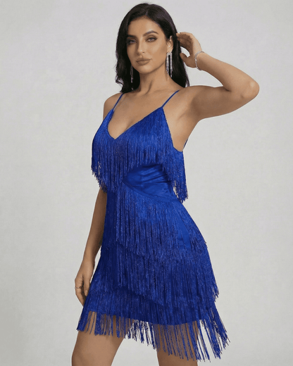 Azure Mini Dress by SLIMONA featuring fringe detailing and a V-neck silhouette.