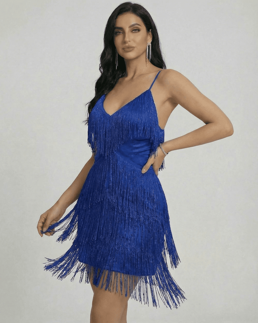 Azure Mini Dress by SLIMONA featuring fringe detailing and a flattering V-neck design.