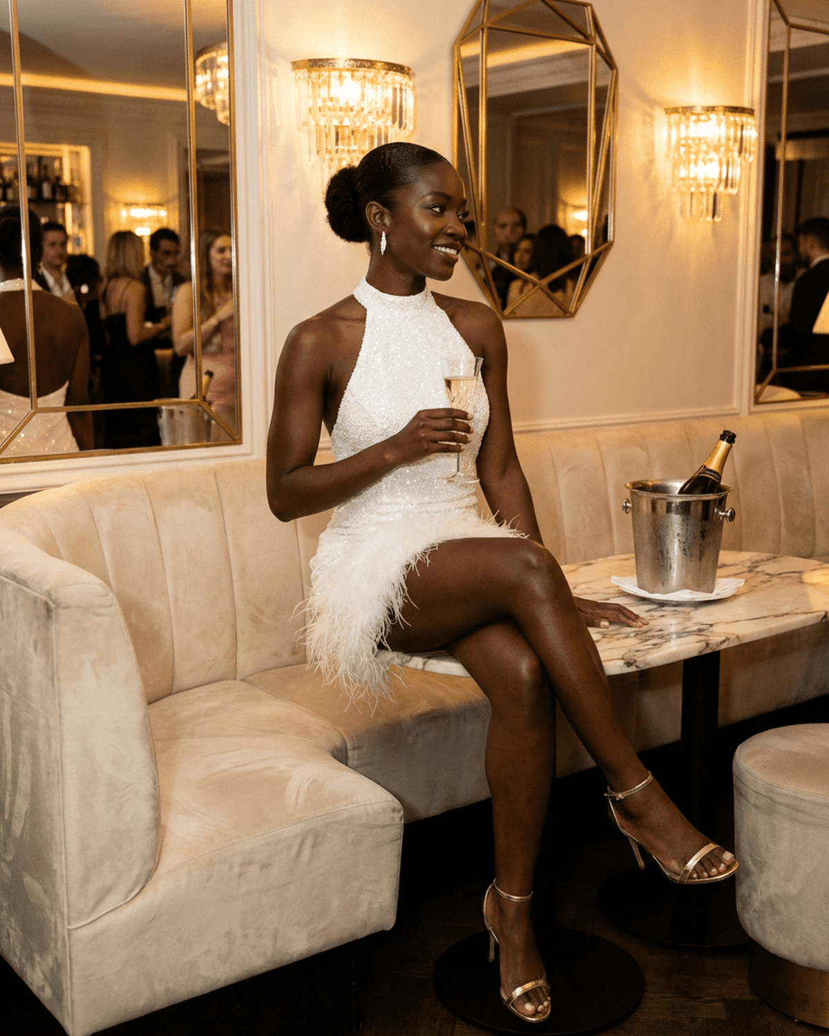 Model wearing Bianca Mini Dress by SLIMONA, a white sequin halter bodycon with fuzzy hem, sitting at a chic venue.
