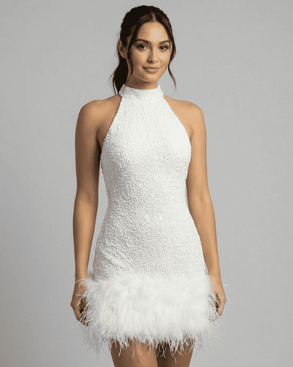 Bianca Mini Dress by SLIMONA – White sequin halter bodycon with fuzzy hem, showcasing a sleek silhouette.