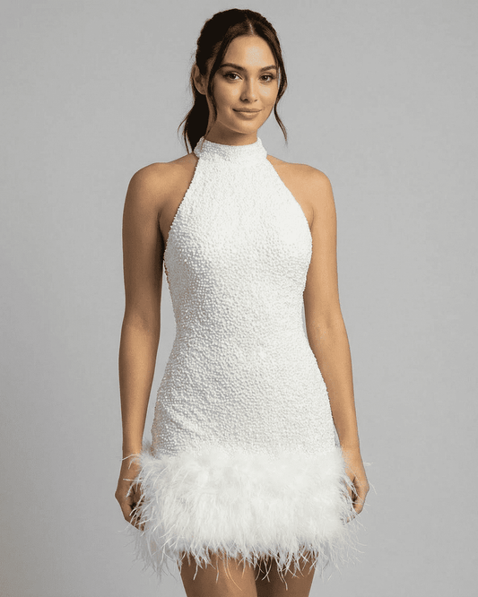 Bianca Mini Dress by SLIMONA – White sequin halter bodycon with fuzzy hem, showcasing a sleek silhouette.