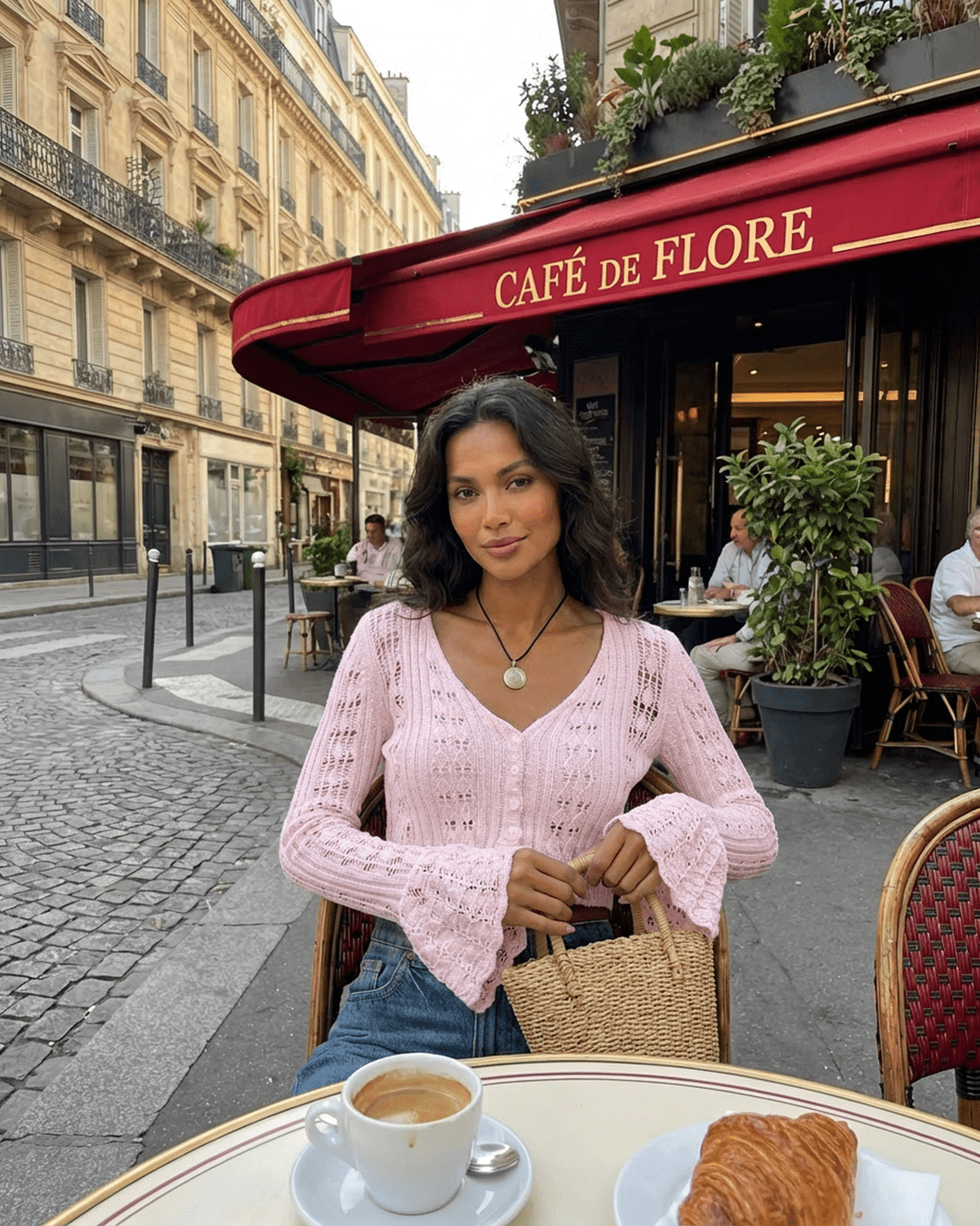 Model wearing a Blossom Cardigan in pink at Café de Flore, showcasing elegant style and relaxed Parisian charm.