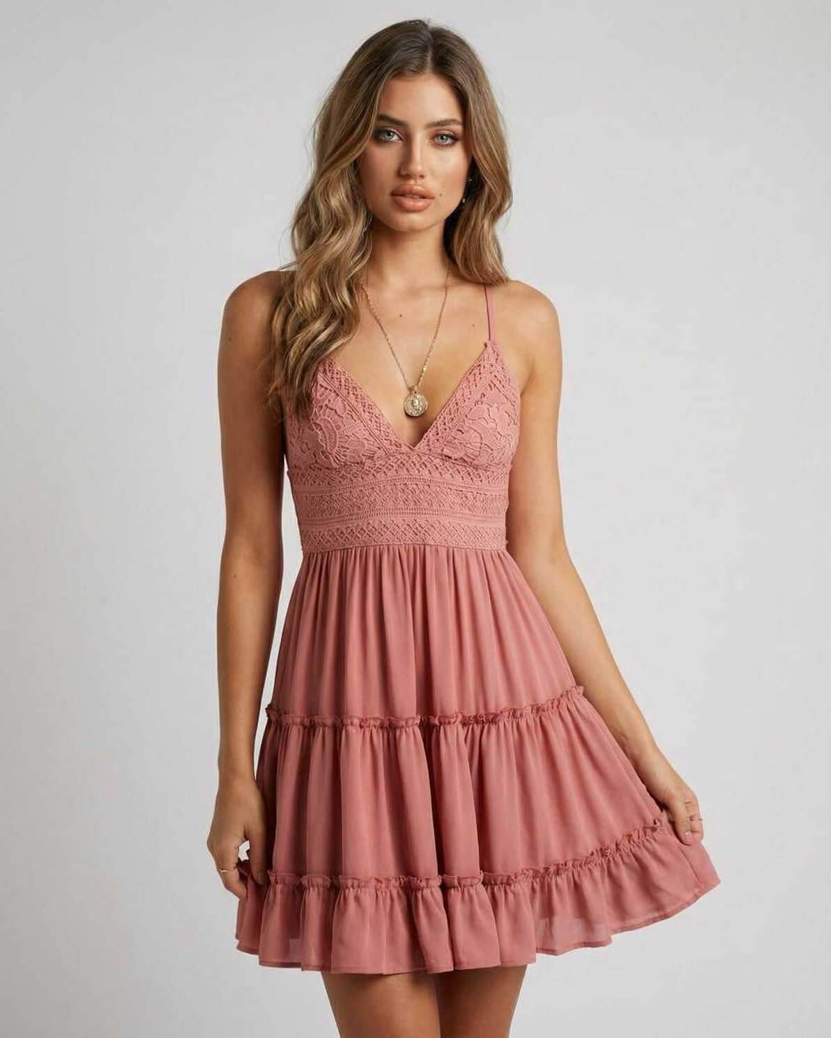 Blossom Mini Dress by Lauven featuring lace and pleated fabric, perfect for club and party wear.