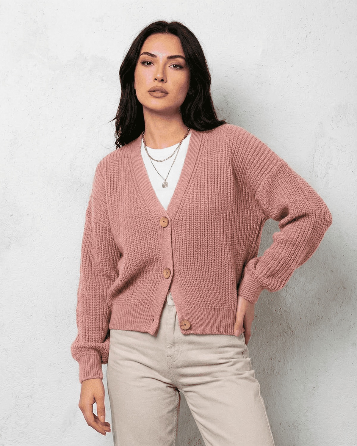 Blush Cardigan by SLIMONA - Soft pink knitwear with relaxed V-neck design for a chic look.