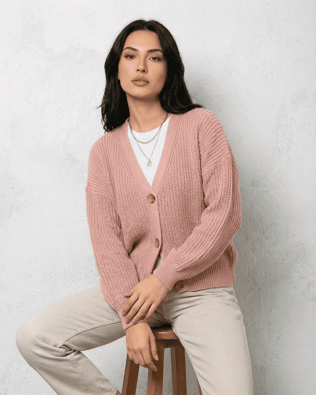 Blush Cardigan by SLIMONA - Soft pink knitwear with relaxed V-neck design and button details, perfect for layering.