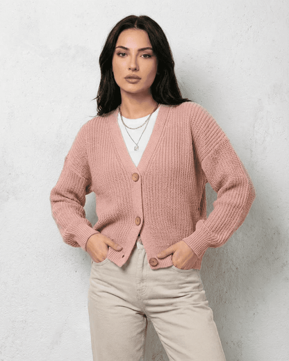 Blush Cardigan - Soft pink knitwear with relaxed V-neck design from SLIMONA for a chic look.
