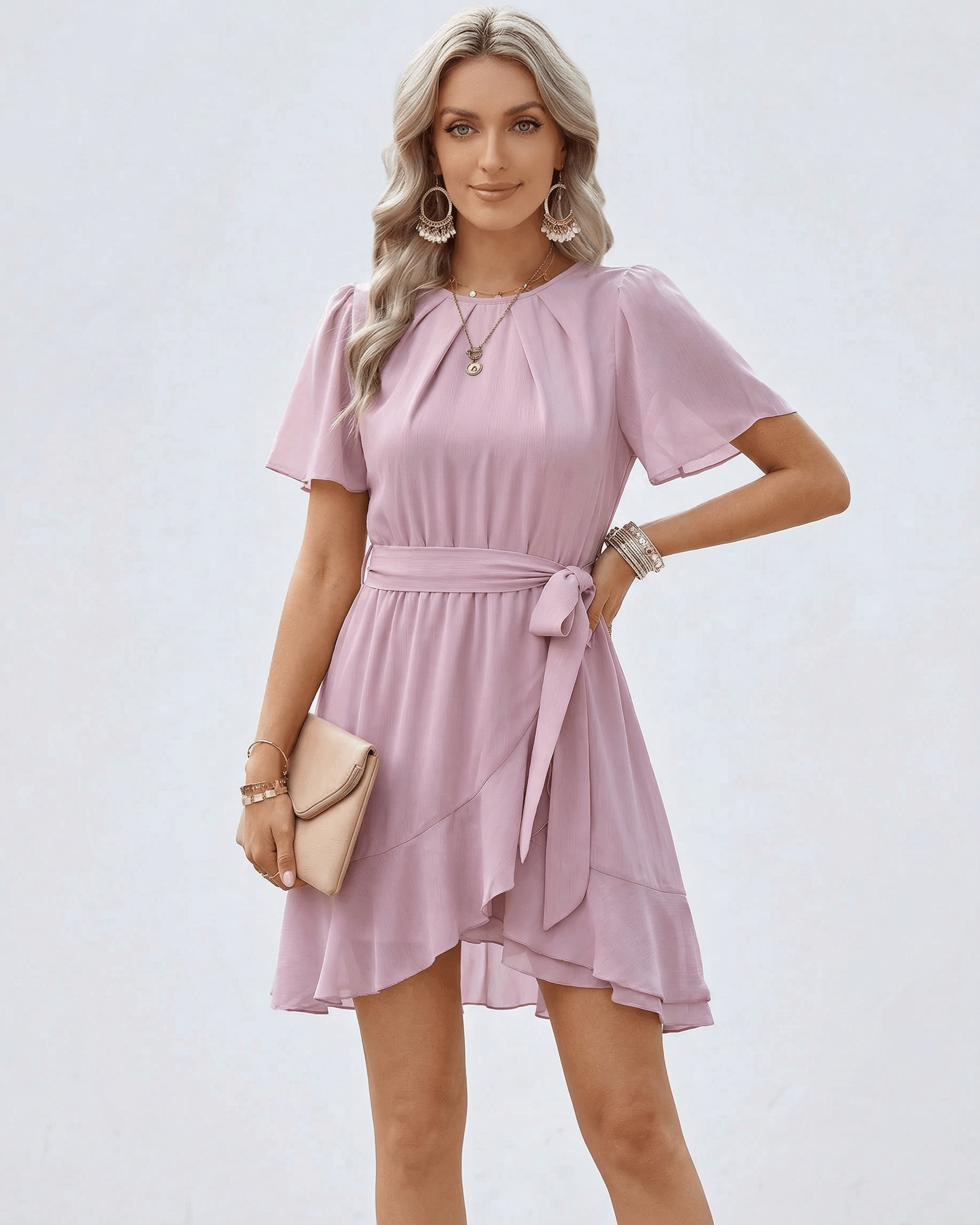 Blush Ruffle Dress by Lauven featuring flutter sleeves and a waist tie for elegant summer style.