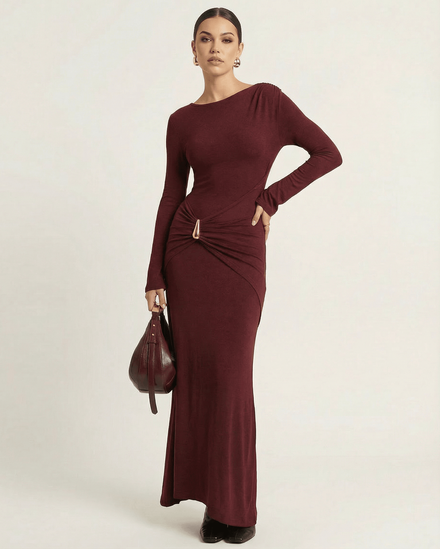 Bordeaux Maxi Dress by Lauven featuring a bodycon fit, pleated high waist, and long flare sleeves.