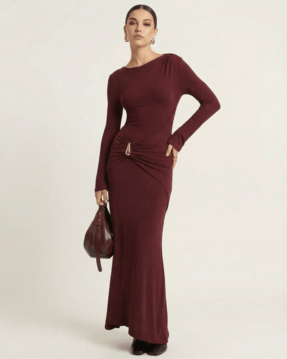 Bordeaux Maxi Dress by Lauven featuring a bodycon design, pleated high waist, and long flare sleeves in deep wine-red.