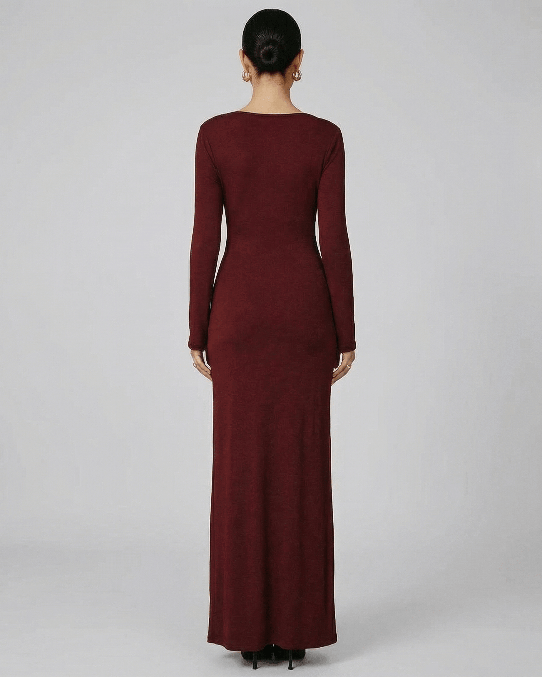 Bordeaux Maxi Dress by Lauven, showcasing a sleek back view with long sleeves and a fitted silhouette in deep wine-red.