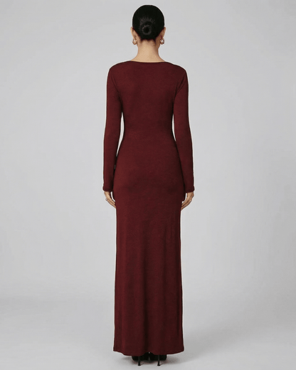 Bordeaux Maxi Dress by Lauven, showcasing a sleek back view with long sleeves and a fitted silhouette in deep wine-red.
