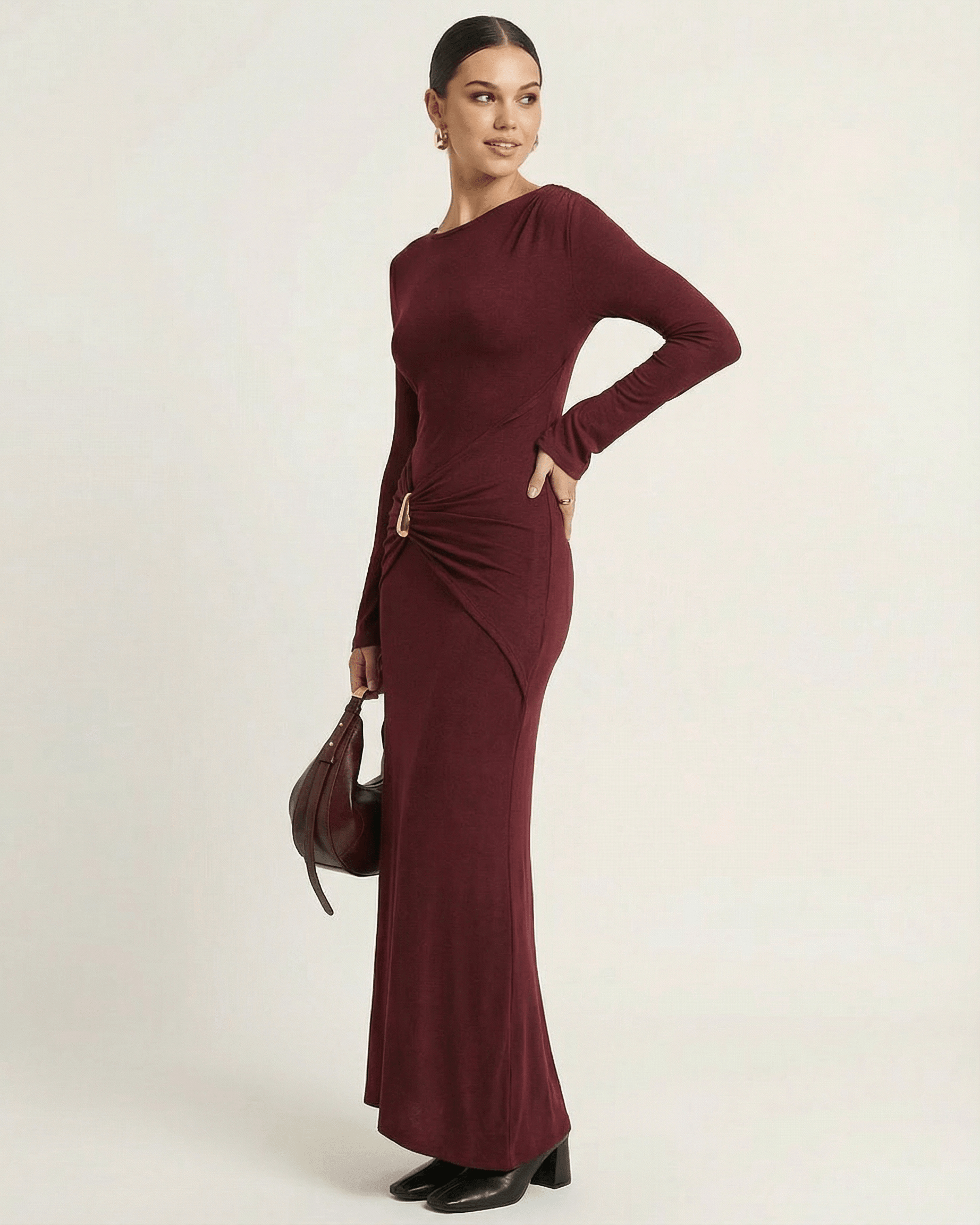 Bordeaux Maxi Dress by Lauven, showcasing a bodycon silhouette with pleated high waist and long flare sleeves.