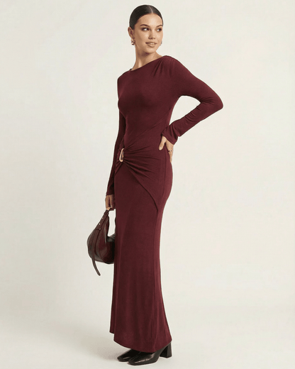 Bordeaux Maxi Dress by Lauven, showcasing a bodycon silhouette with pleated high waist and long flare sleeves.
