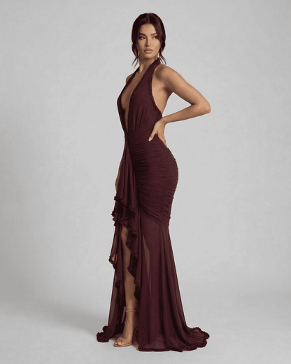 Bordeaux Maxi Dress by SLIMONA, a ruched slip dress in deep burgundy with lace detail, perfect for evening wear.