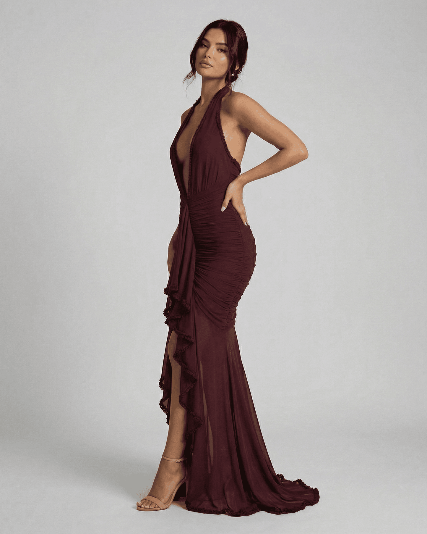 Bordeaux Maxi Dress by SLIMONA - elegant ruched slip dress in deep burgundy with lace detail and plunging neckline.