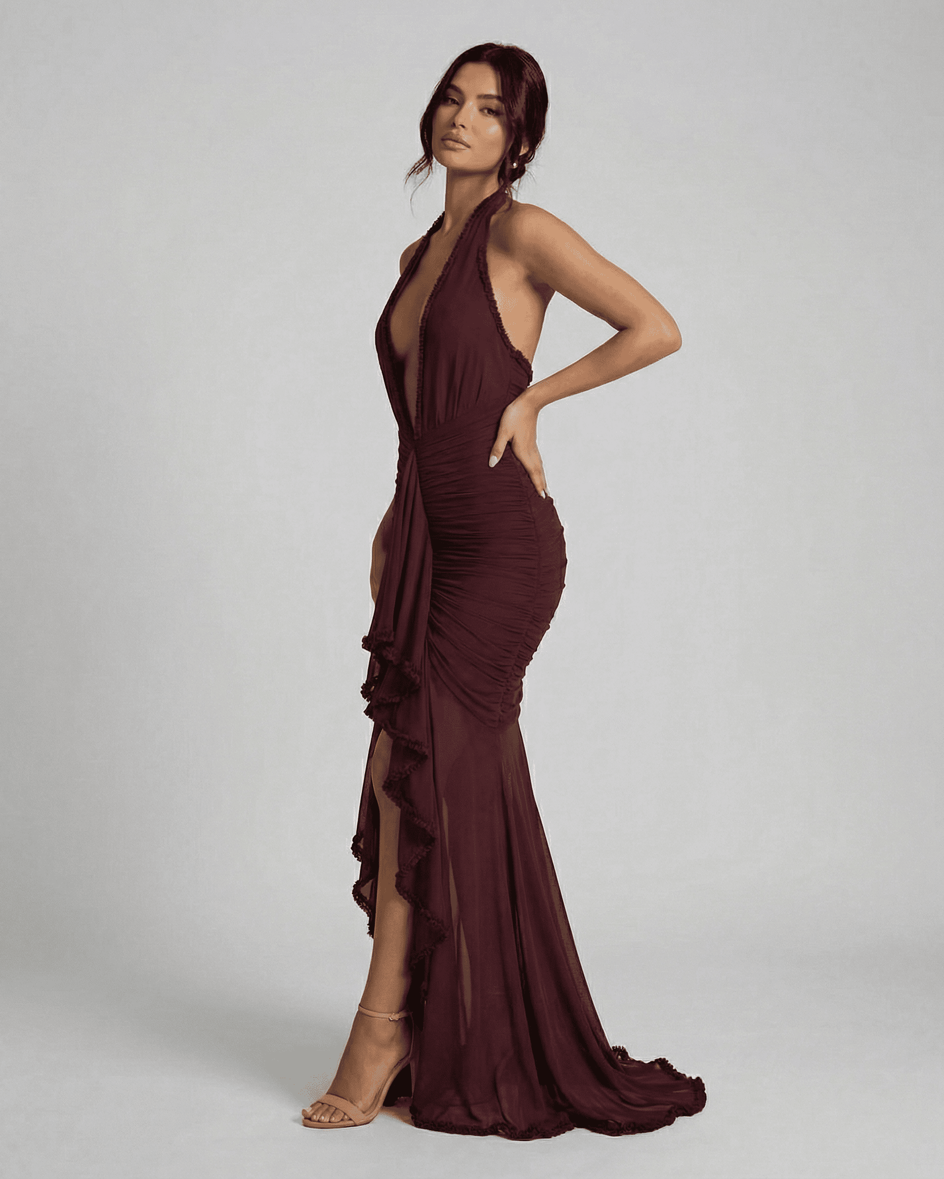 Bordeaux Maxi Dress by SLIMONA - elegant ruched slip dress in deep burgundy with lace detail and plunging neckline.