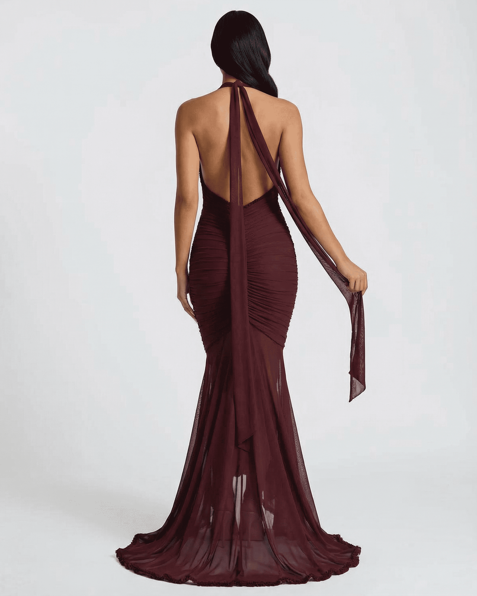 Bordeaux Maxi Dress by SLIMONA showing the elegant back view with ruched design and flowy train.