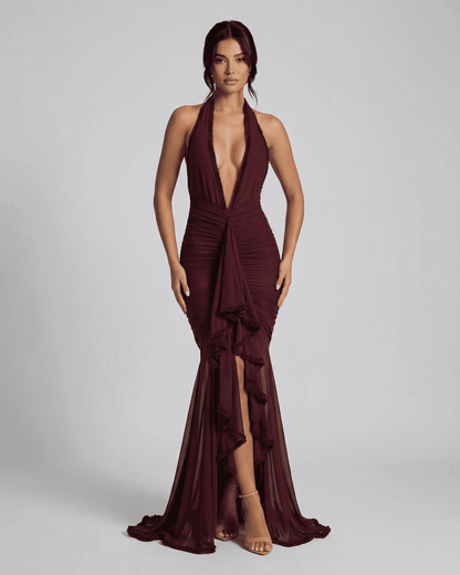 Bordeaux Maxi Dress by SLIMONA - Elegant sleeveless halter style dress in deep burgundy with lace detail and plunging neckline.