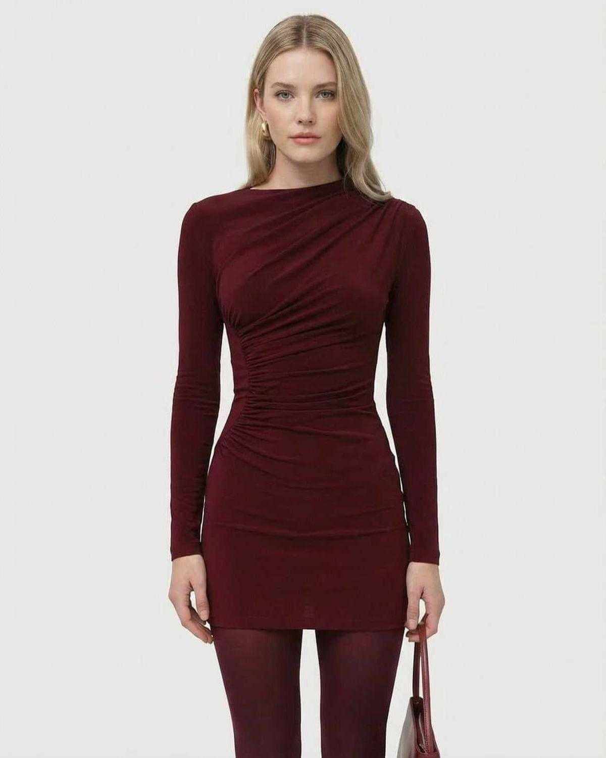 Bordeaux Mini Dress by SLIMONA, long sleeve bodycon design with high waist and sleek applique detail.