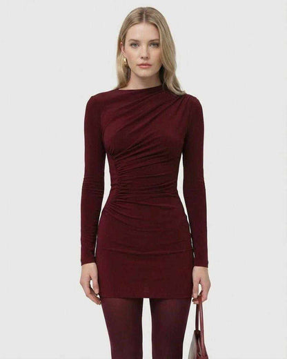 Bordeaux Mini Dress by SLIMONA, long sleeve bodycon design with high waist and sleek applique detail.
