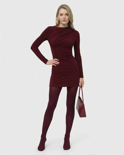 Bordeaux Mini Dress by SLIMONA, showcasing a model in a long sleeve bodycon style with high waist and applique detail.