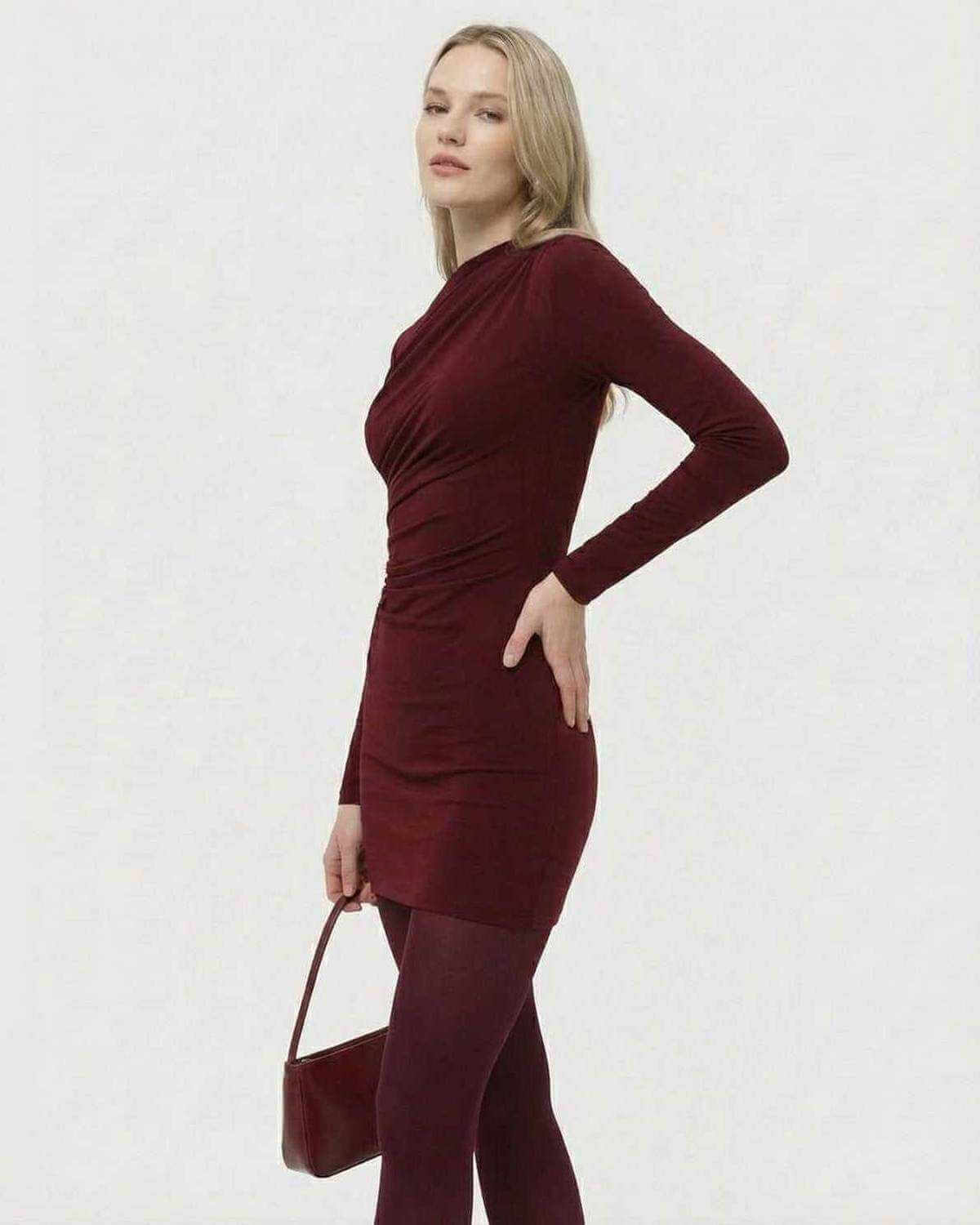 Bordeaux Mini Dress by SLIMONA, a stylish long sleeve bodycon mini dress in deep wine color.
