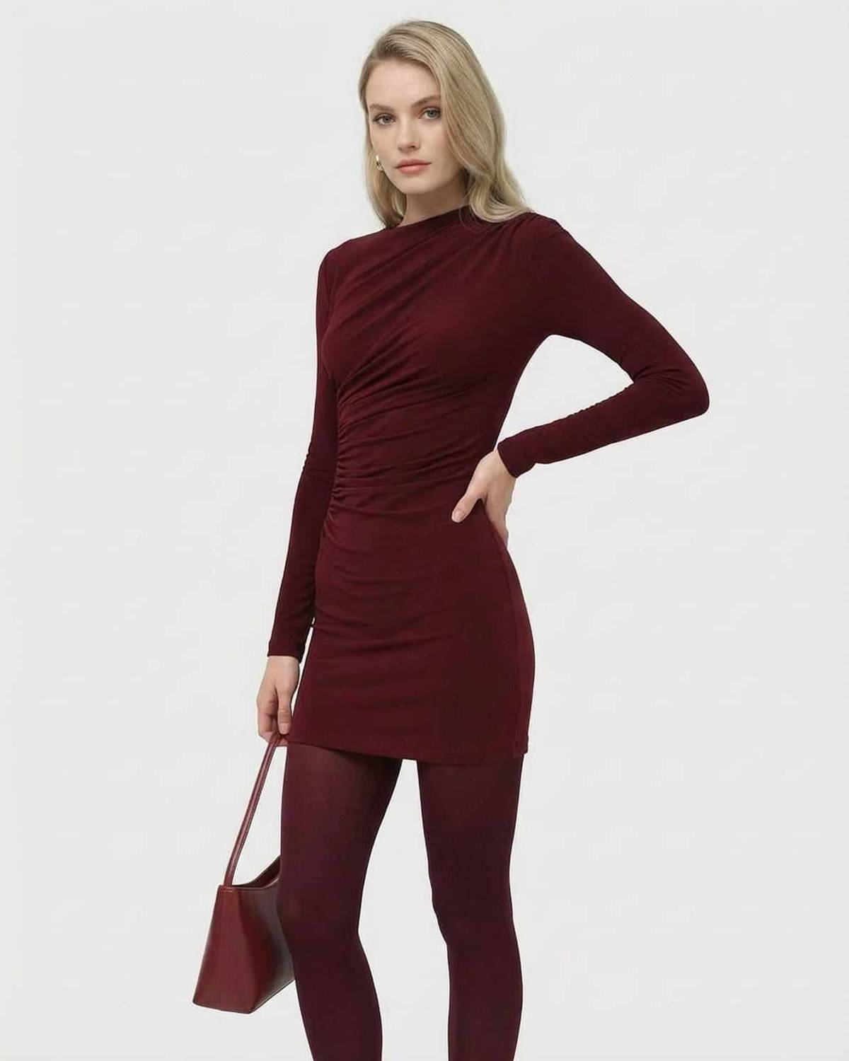 Bordeaux Mini Dress by SLIMONA featuring long sleeve bodycon design, high waist silhouette in deep wine color.