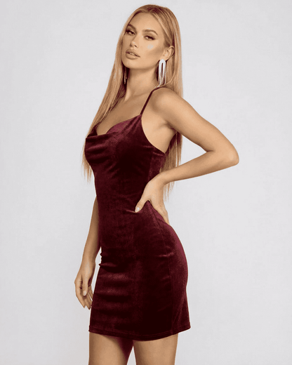 Bordeaux Mini Dress by SLIMONA, a velvet cowl neck backless mini dress in rich wine color.