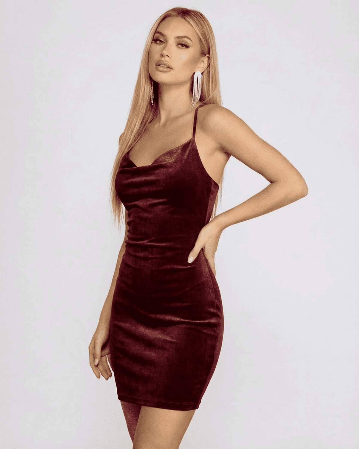 Bordeaux Mini Dress by SLIMONA, a stylish velvet cowl neck backless mini dress in rich wine tone.