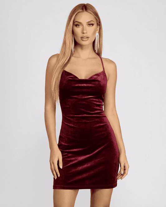 Bordeaux Mini Dress by SLIMONA - Velvet Cowl Neck Backless Mini Dress in rich wine color.