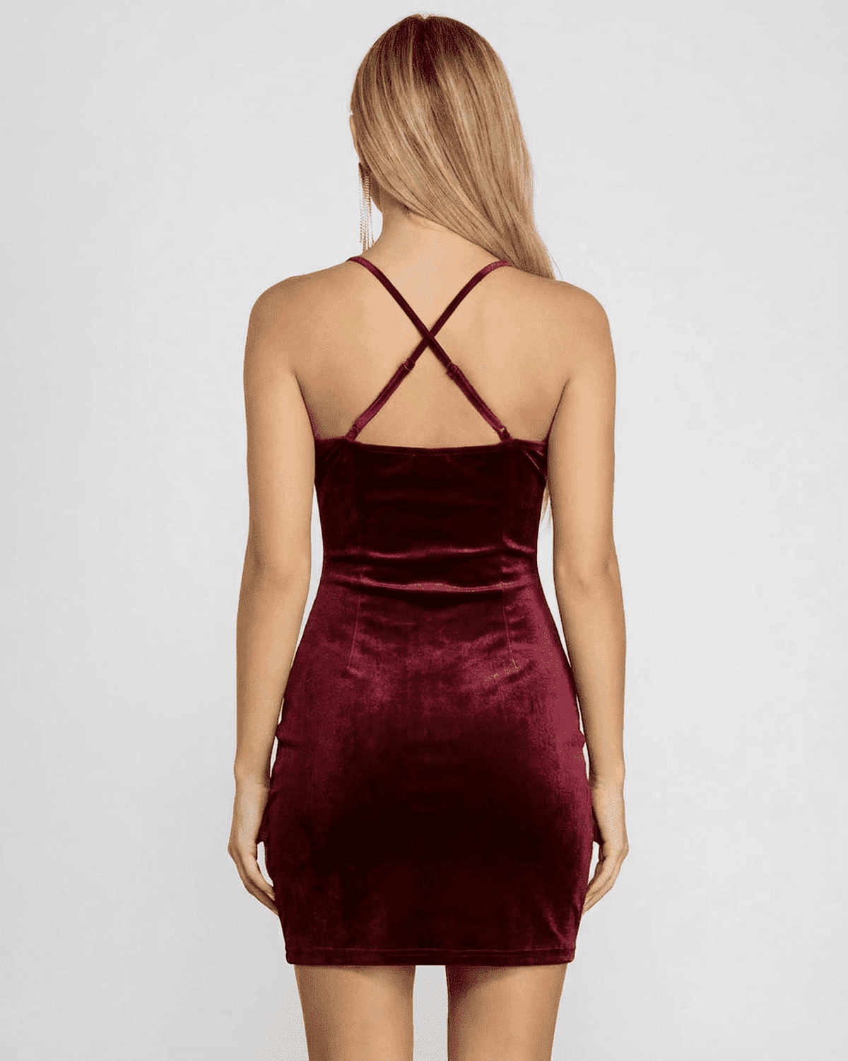 Back view of the Bordeaux Mini Dress by SLIMONA featuring a velvet cowl neck and backless design.
