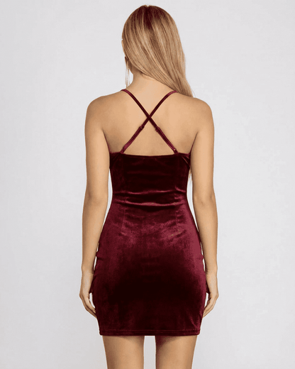 Back view of the Bordeaux Mini Dress by SLIMONA featuring a velvet cowl neck and backless design.