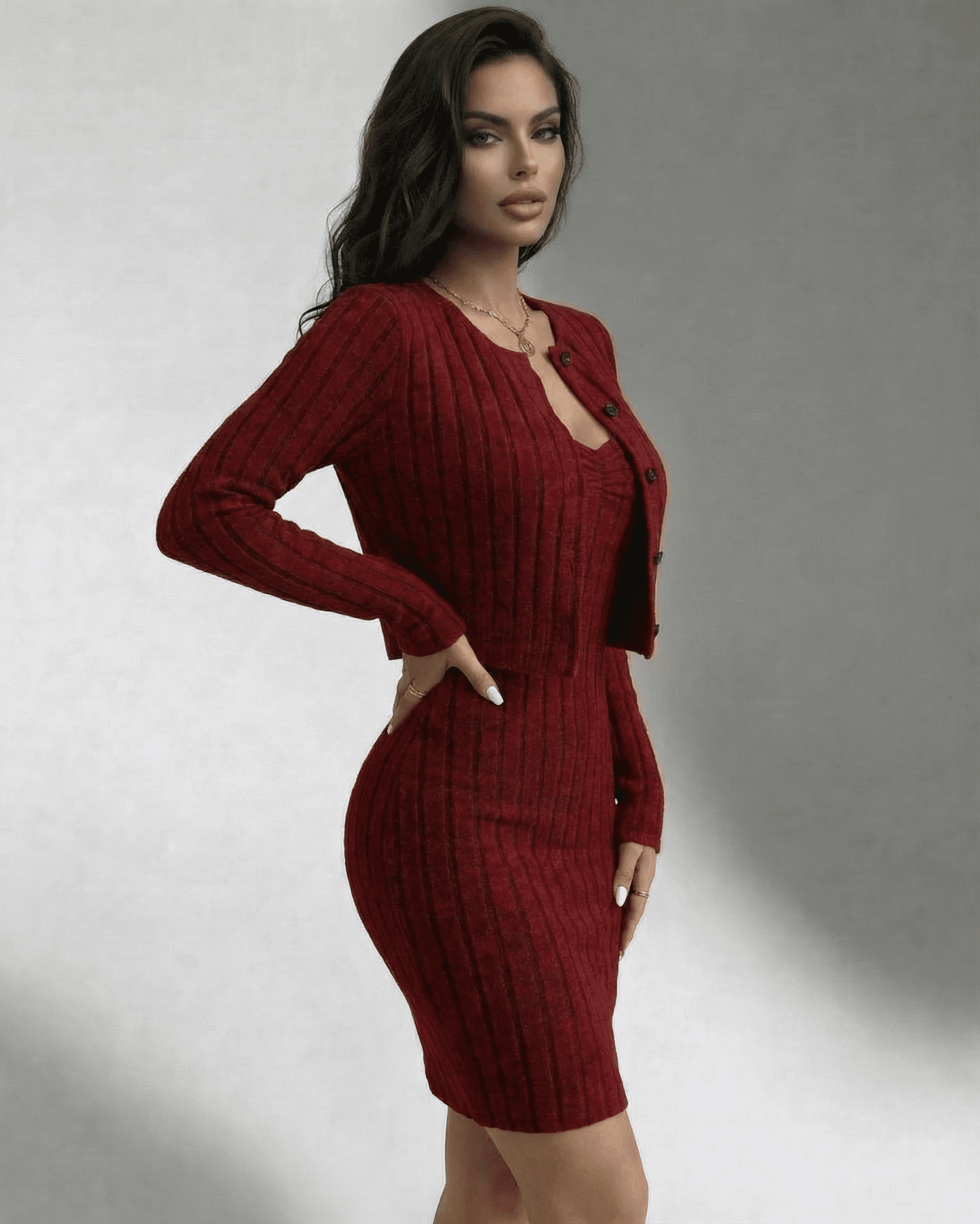 Bordeaux Set by SLIMONA, featuring a ribbed bodycon dress and cardigan for elegant everyday wear.