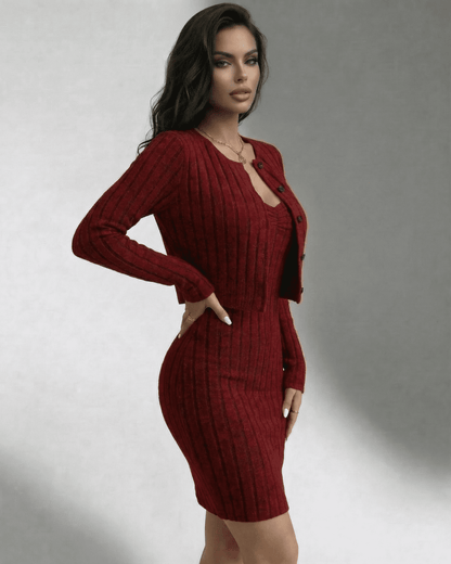 Bordeaux Set by SLIMONA, featuring a ribbed bodycon dress and cardigan for elegant everyday wear.