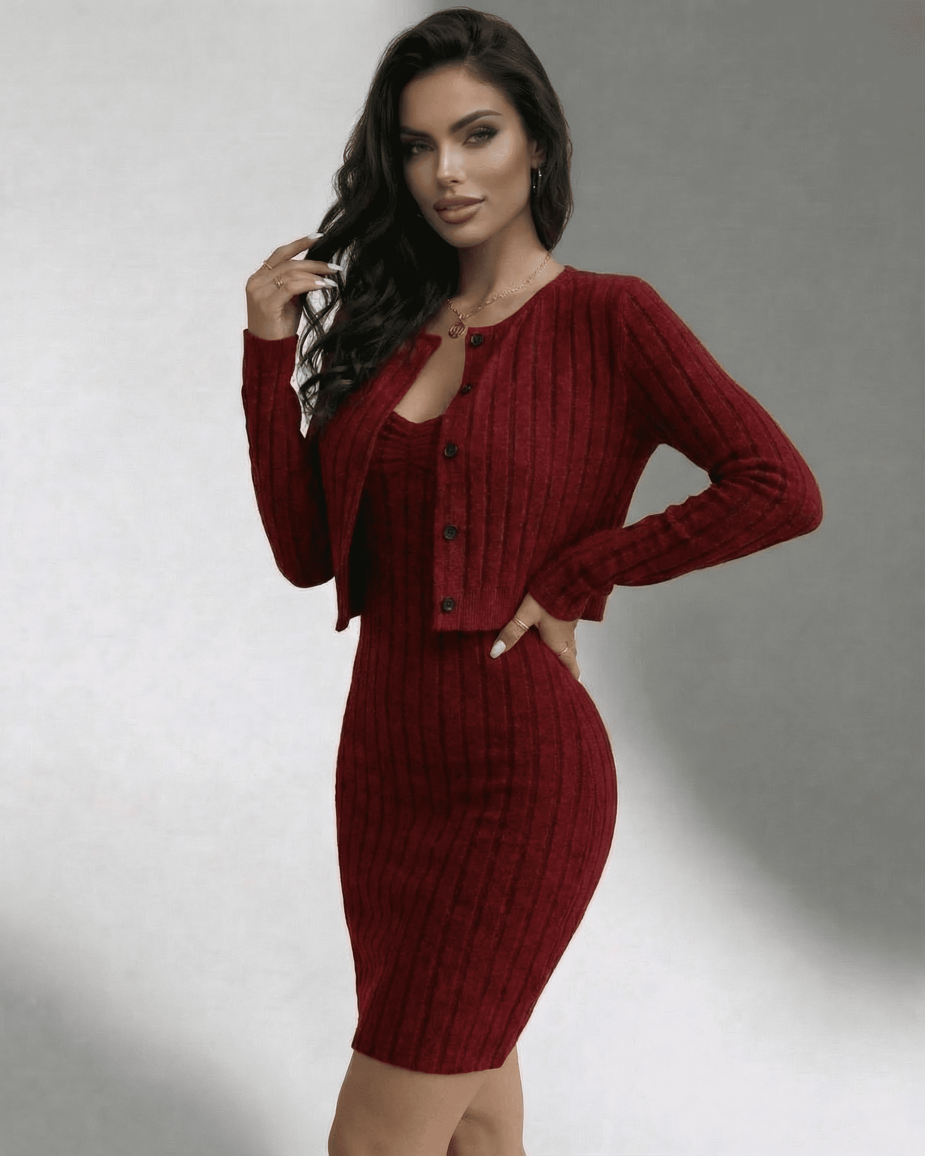 Bordeaux Set by SLIMONA - Elegant ribbed two-piece dress and cardigan set for stylish everyday wear.