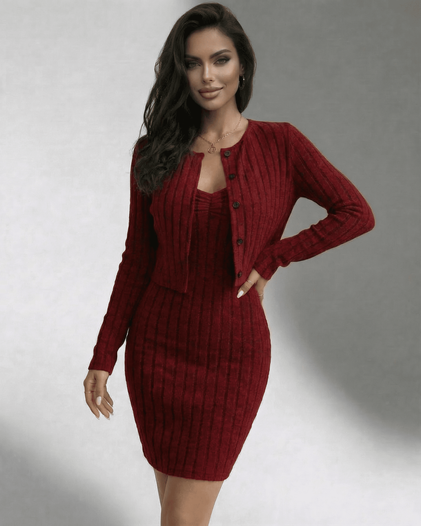 Bordeaux Set - Ribbed Slim Fit Two-Piece Dress & Cardigan Set by SLIMONA for elegant everyday wear.