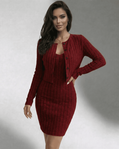 Bordeaux Set - Ribbed Slim Fit Two-Piece Dress & Cardigan Set by SLIMONA for elegant everyday wear.