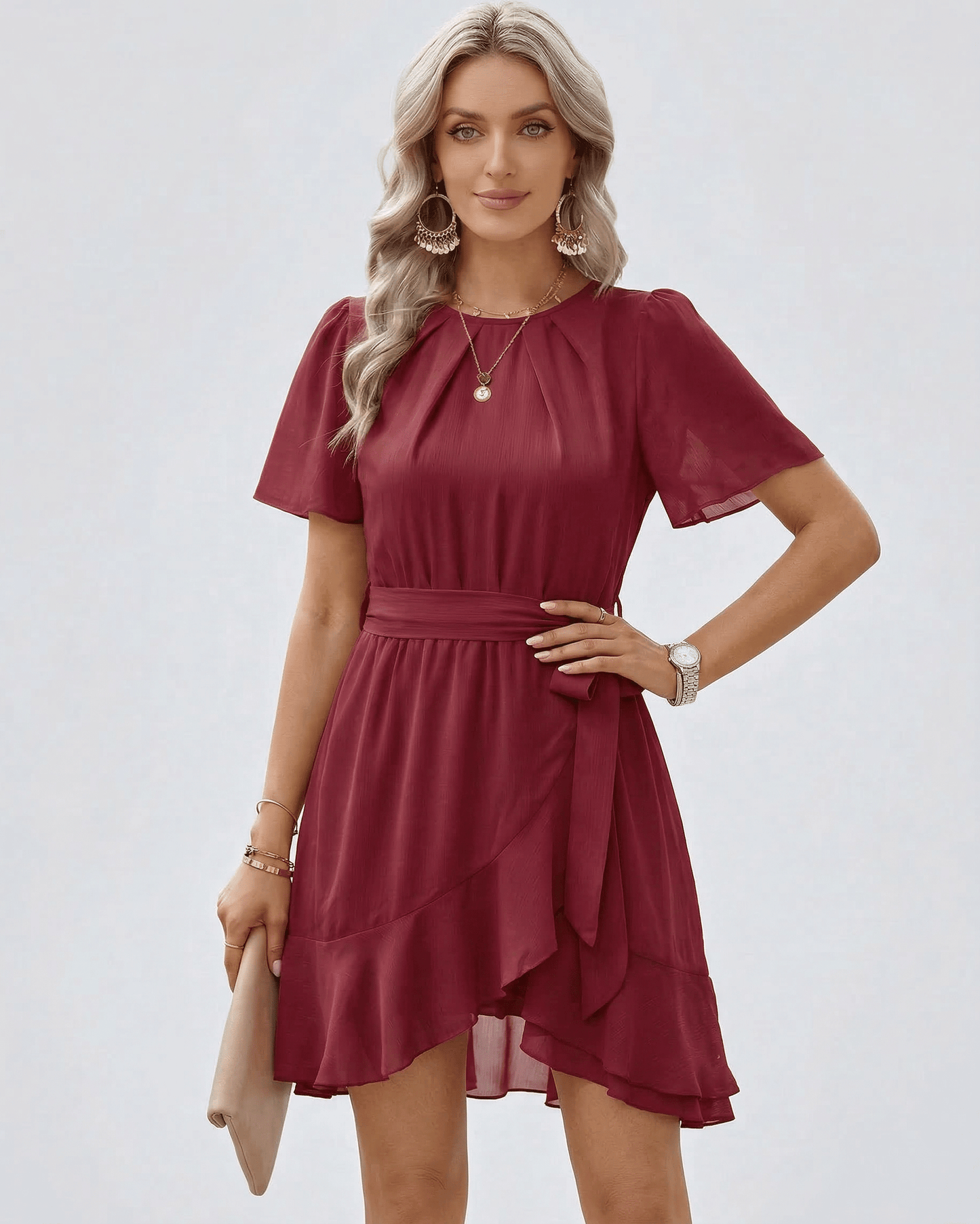 Burgundy Ruffle Dress by Lauven showcasing a flattering silhouette with flutter sleeves and waist tie in rich burgundy color.