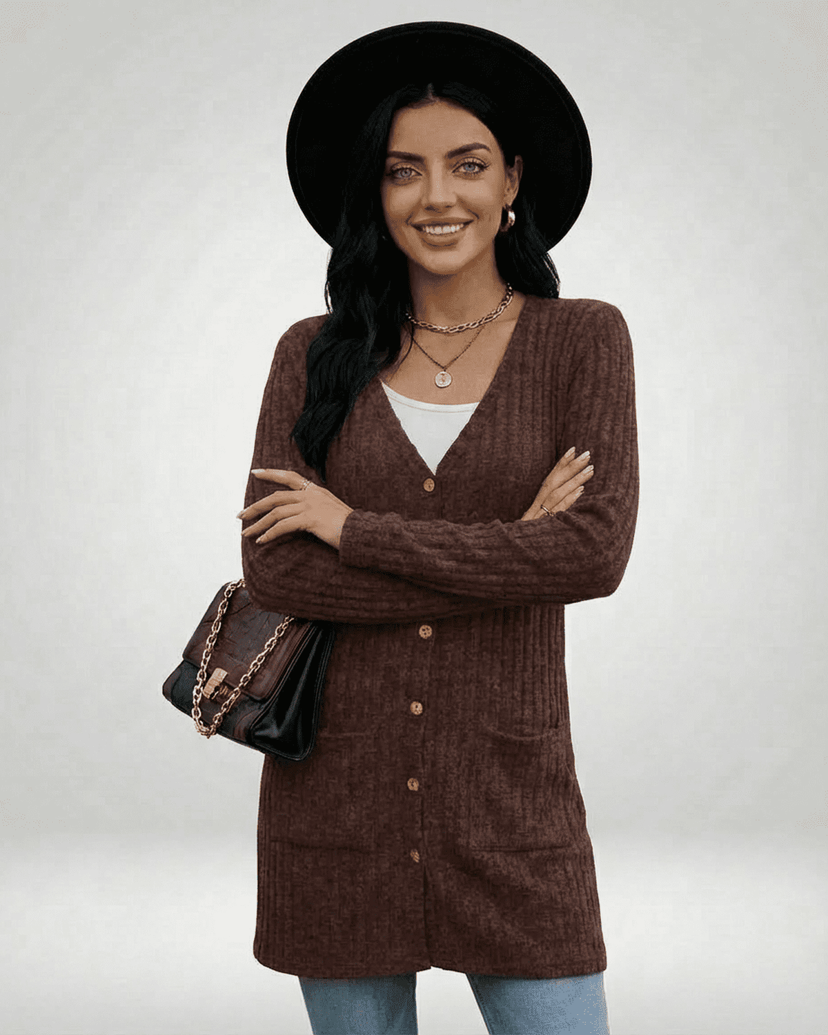 Cairo Cardigan by SLIMONA - Longline button-front knitwear in brown with classic V-neckline and pockets.