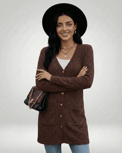 Cairo Cardigan by SLIMONA - Longline button-front knitwear in brown with classic V-neckline and pockets.